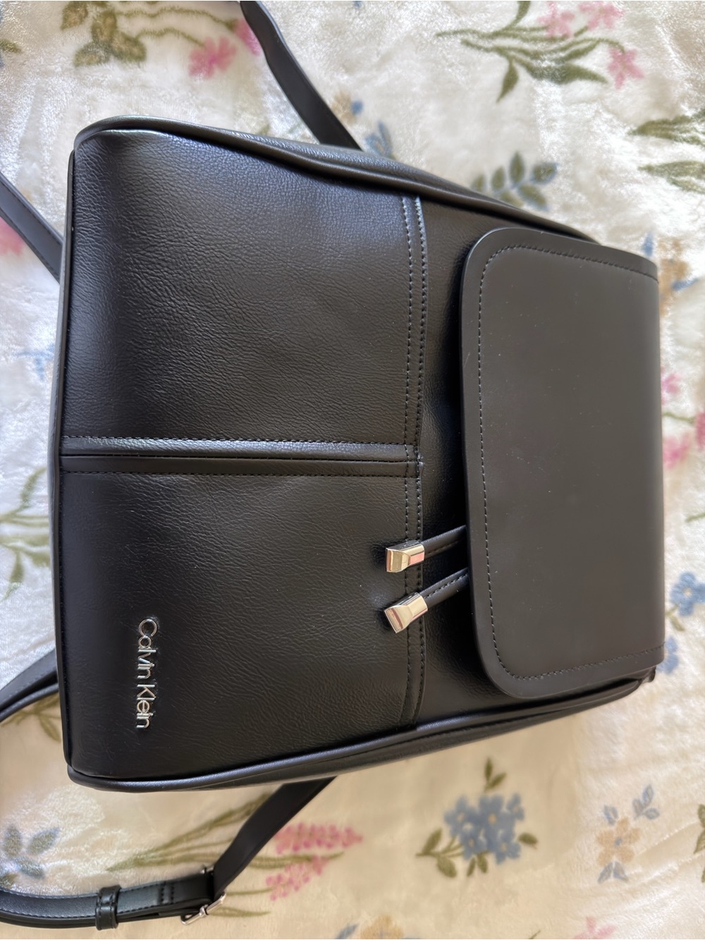 Calvin Klein Black Leather Mini Backpack with Front Flap Pocket - Picture 2 of 8